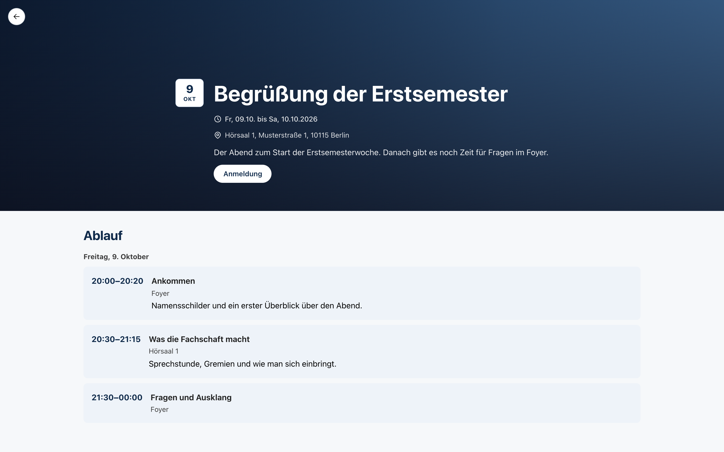 Öffentliche Veranstaltungsseite mit Ablauf und Anmeldebutton