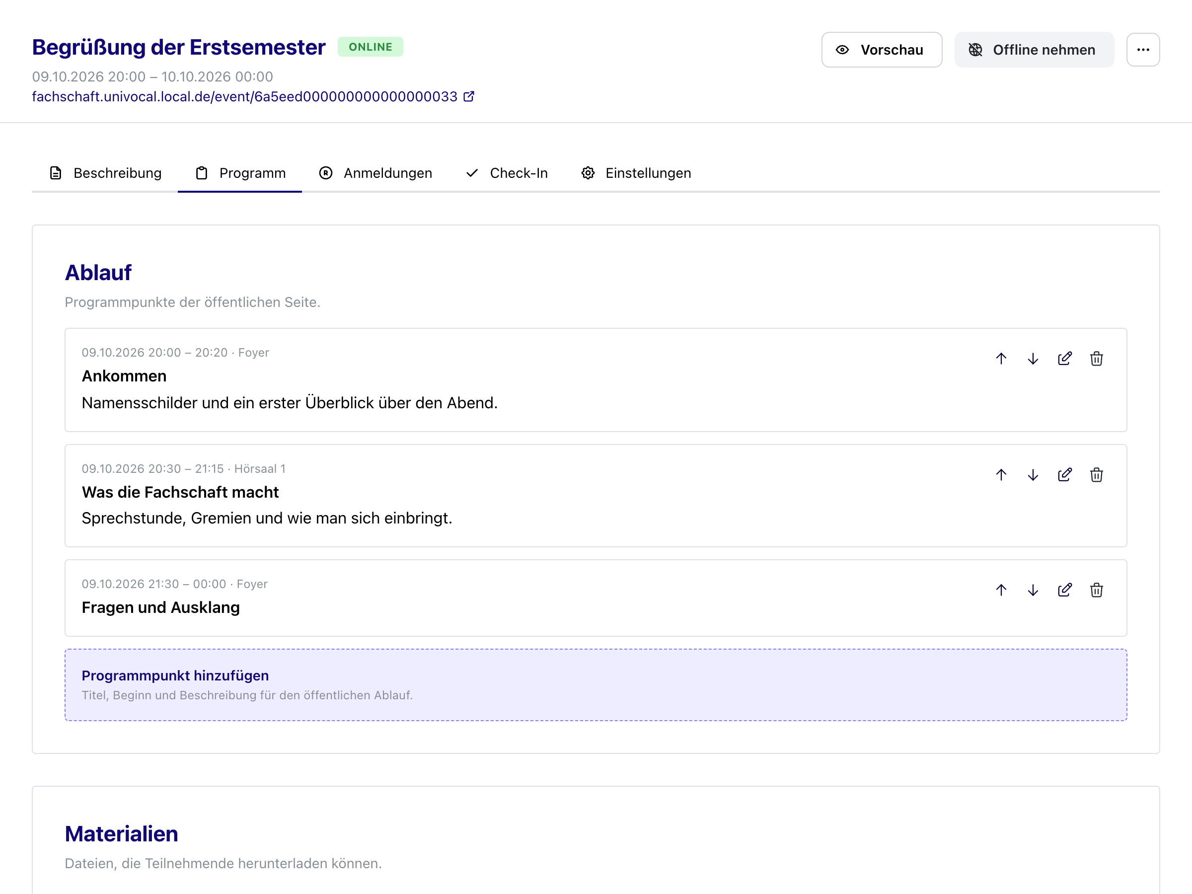 Programm einer Veranstaltung mit drei Programmpunkten