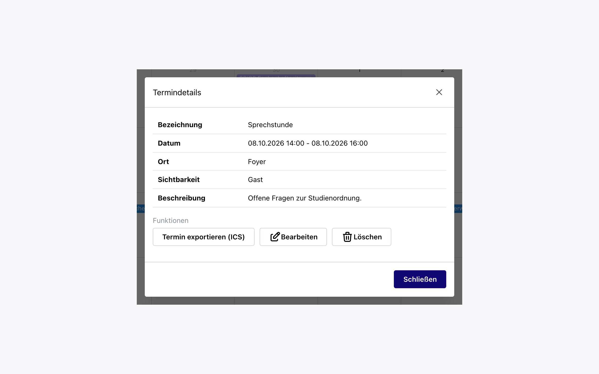 Termindetails der Sprechstunde mit Ort Foyer und Beschreibung
