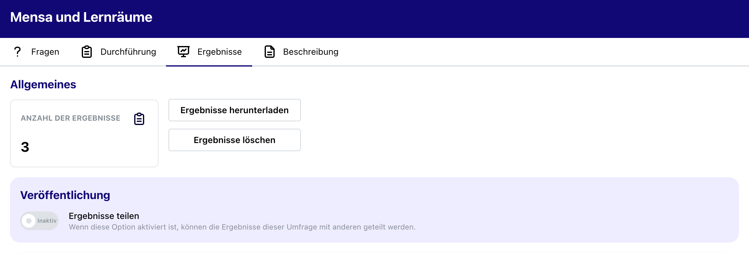 Auswertung einer Umfrage mit drei Ergebnissen und der Freigabe zum Teilen