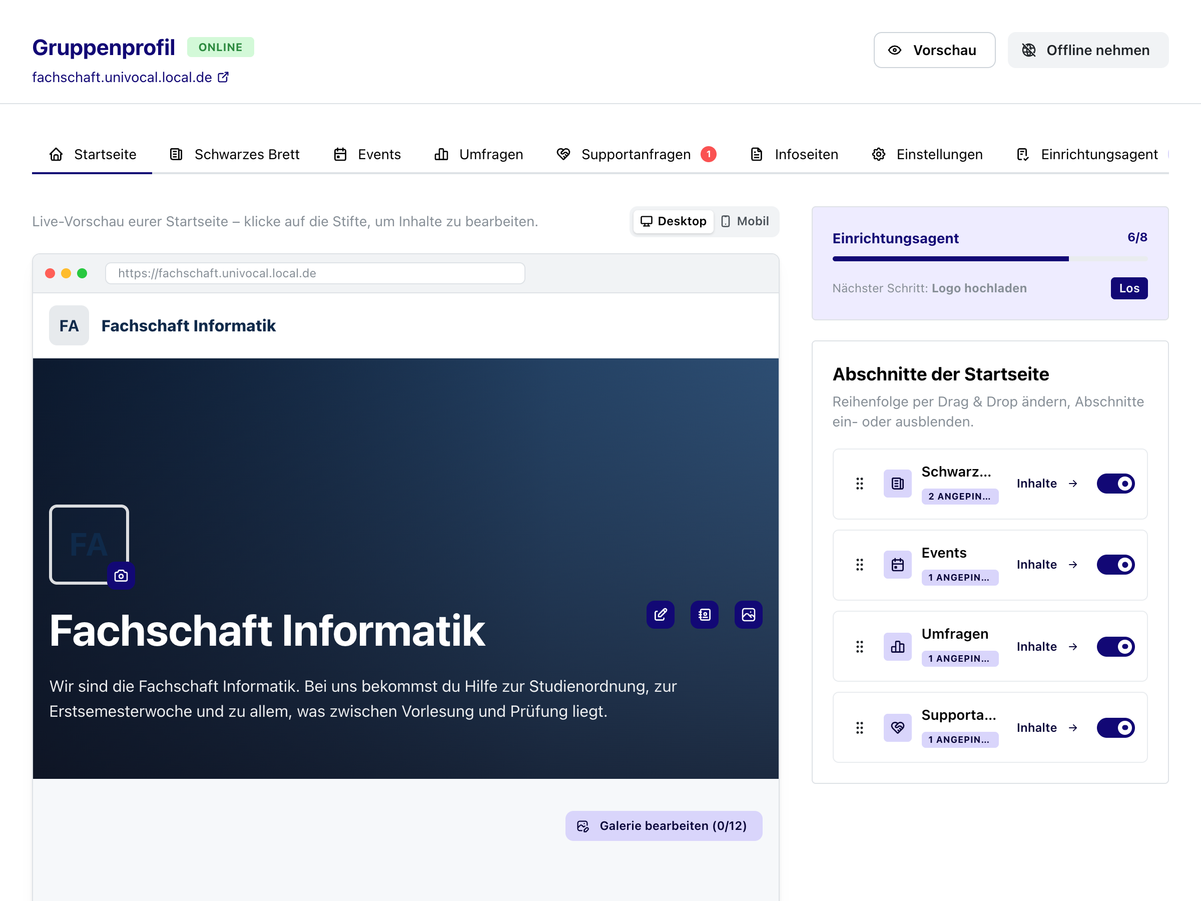 Gruppenprofil mit Live-Vorschau und den Abschnitten der Startseite