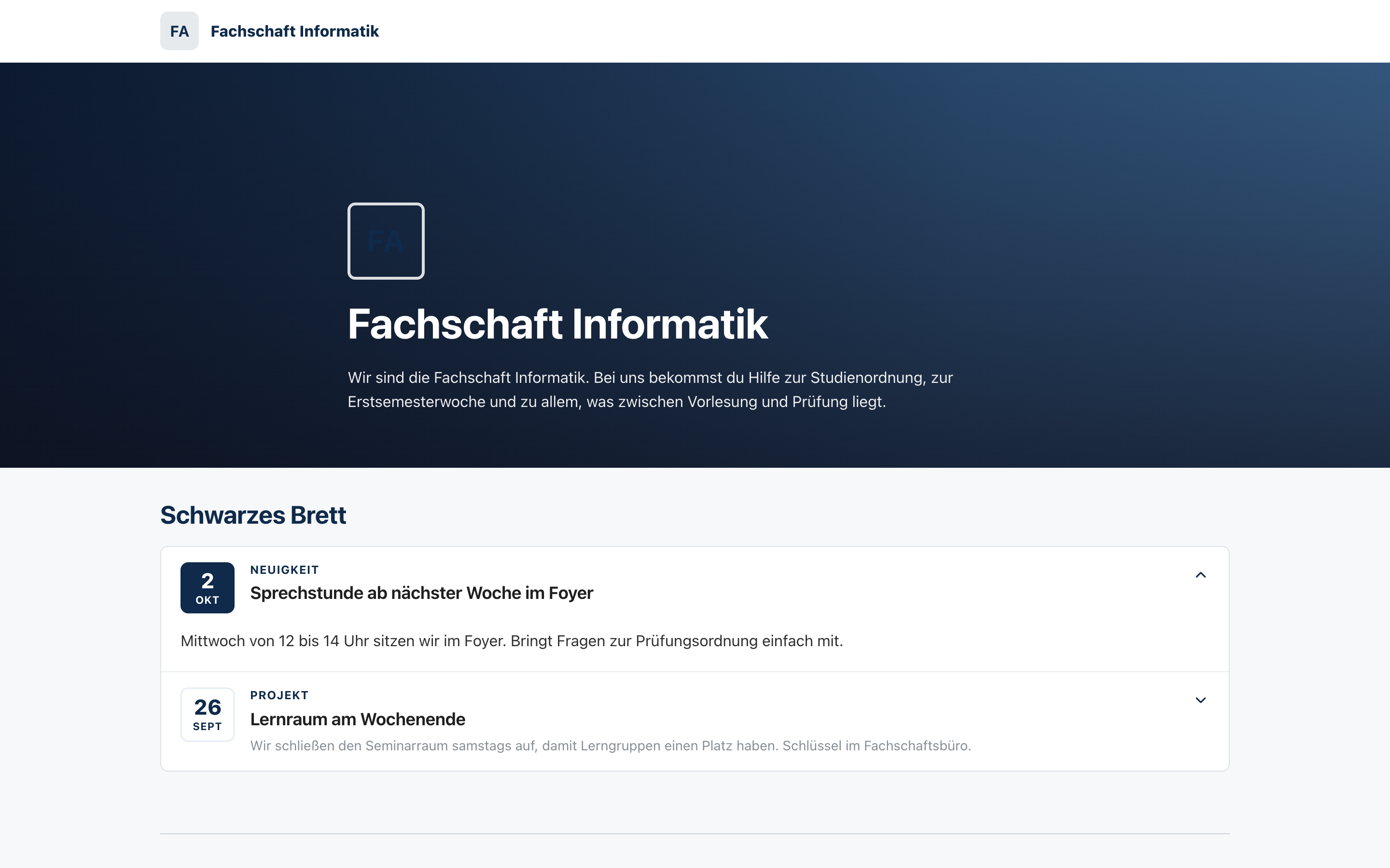 Öffentliche Seite der Fachschaft Informatik mit Schwarzem Brett