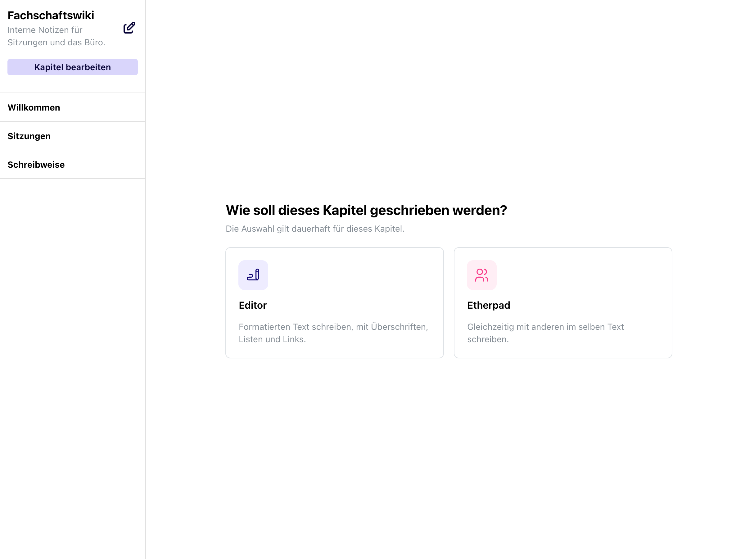 Auswahl zwischen Editor und Etherpad für ein Wiki-Kapitel